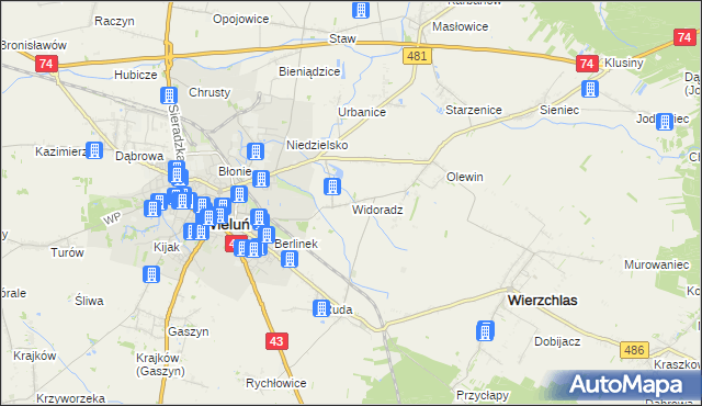 mapa Widoradz, Widoradz na mapie Targeo