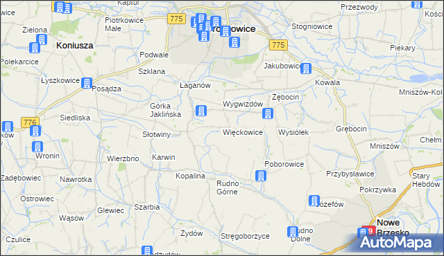 mapa Więckowice gmina Proszowice, Więckowice gmina Proszowice na mapie Targeo