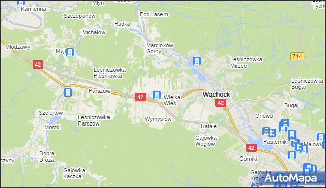 mapa Wielka Wieś gmina Wąchock, Wielka Wieś gmina Wąchock na mapie Targeo