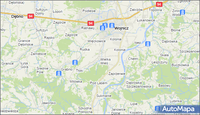 mapa Wielka Wieś gmina Wojnicz, Wielka Wieś gmina Wojnicz na mapie Targeo