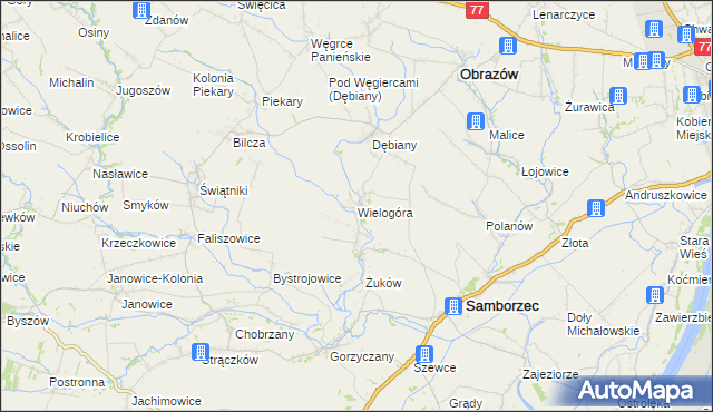 mapa Wielogóra gmina Samborzec, Wielogóra gmina Samborzec na mapie Targeo