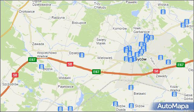 mapa Wielowieś gmina Syców, Wielowieś gmina Syców na mapie Targeo