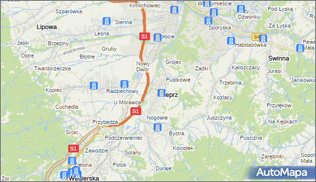 mapa Wieprz gmina Radziechowy-Wieprz, Wieprz gmina Radziechowy-Wieprz na mapie Targeo