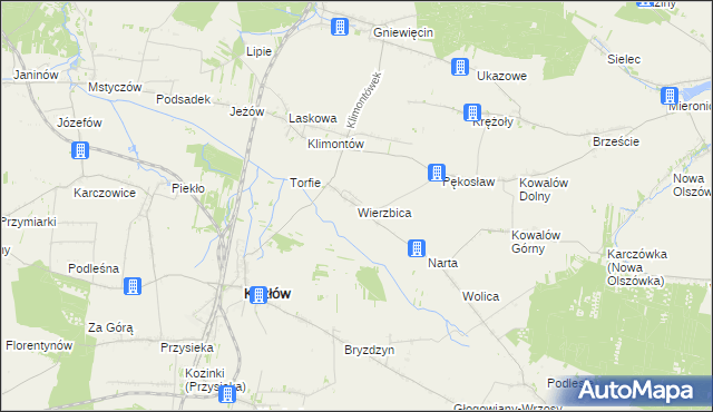 mapa Wierzbica gmina Kozłów, Wierzbica gmina Kozłów na mapie Targeo