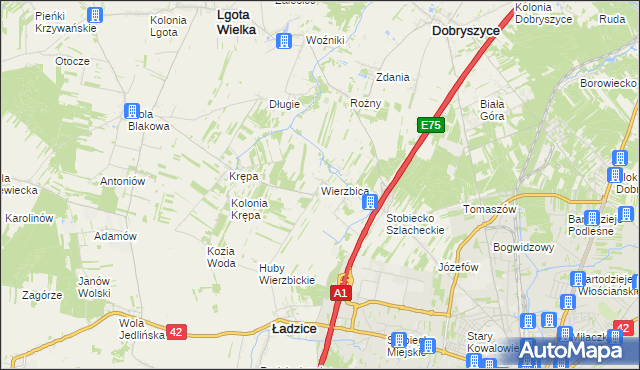 mapa Wierzbica gmina Ładzice, Wierzbica gmina Ładzice na mapie Targeo