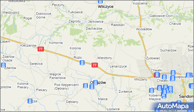 mapa Wierzbiny gmina Obrazów, Wierzbiny gmina Obrazów na mapie Targeo