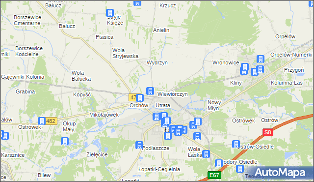 mapa Wiewiórczyn gmina Łask, Wiewiórczyn gmina Łask na mapie Targeo