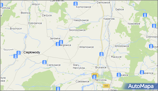 mapa Wilamowice gmina Ciepłowody, Wilamowice gmina Ciepłowody na mapie Targeo