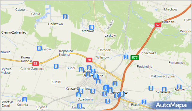 mapa Wilanów gmina Jędrzejów, Wilanów gmina Jędrzejów na mapie Targeo
