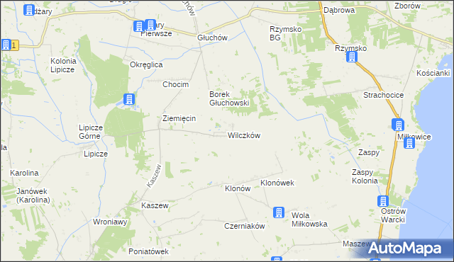 mapa Wilczków gmina Goszczanów, Wilczków gmina Goszczanów na mapie Targeo