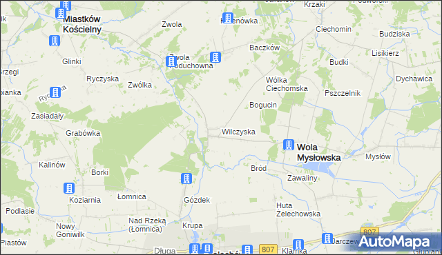 mapa Wilczyska gmina Wola Mysłowska, Wilczyska gmina Wola Mysłowska na mapie Targeo