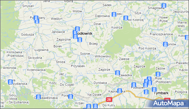 mapa Wilkowisko gmina Jodłownik, Wilkowisko gmina Jodłownik na mapie Targeo