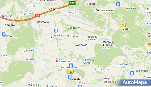 mapa Wilkowyja gmina Buczek, Wilkowyja gmina Buczek na mapie Targeo
