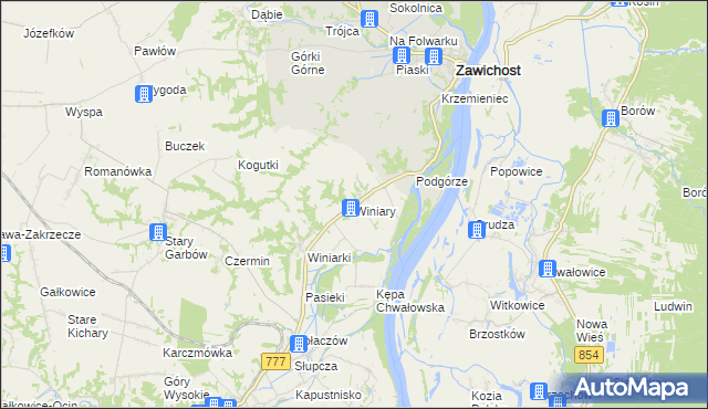 mapa Winiary gmina Dwikozy, Winiary gmina Dwikozy na mapie Targeo