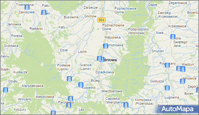 mapa Wiśniowa powiat myślenicki, Wiśniowa powiat myślenicki na mapie Targeo