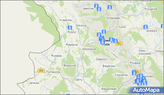 mapa Włodowice gmina Nowa Ruda, Włodowice gmina Nowa Ruda na mapie Targeo