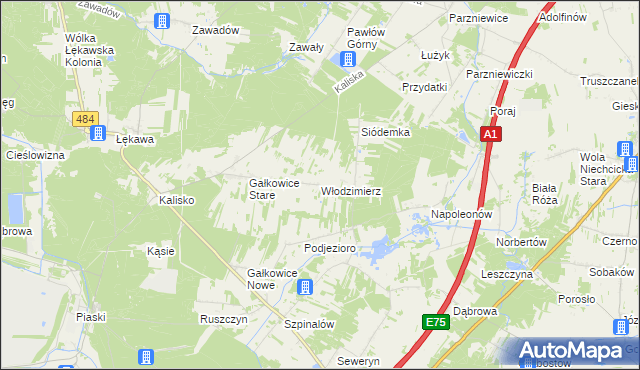 mapa Włodzimierz gmina Kamieńsk, Włodzimierz gmina Kamieńsk na mapie Targeo