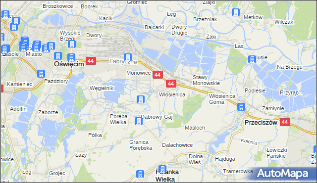 mapa Włosienica gmina Oświęcim, Włosienica gmina Oświęcim na mapie Targeo
