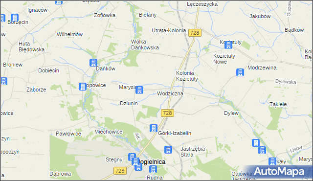 mapa Wodziczna gmina Mogielnica, Wodziczna gmina Mogielnica na mapie Targeo