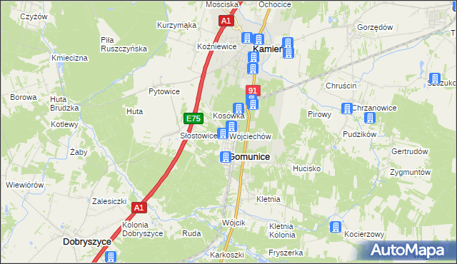 mapa Wojciechów gmina Gomunice, Wojciechów gmina Gomunice na mapie Targeo