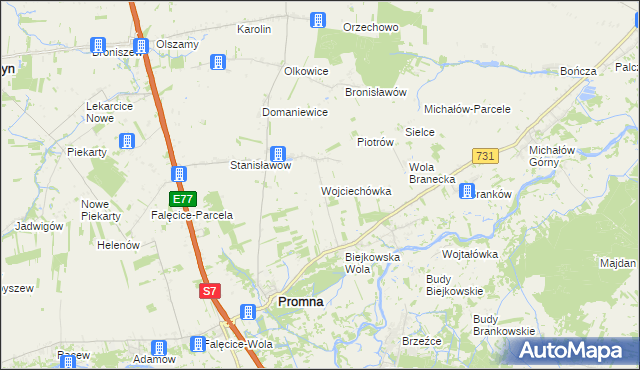 mapa Wojciechówka gmina Promna, Wojciechówka gmina Promna na mapie Targeo