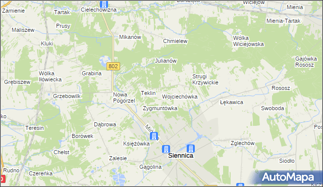 mapa Wojciechówka gmina Siennica, Wojciechówka gmina Siennica na mapie Targeo