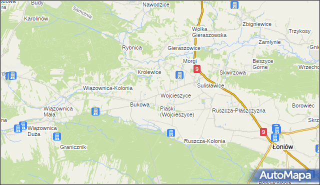 mapa Wojcieszyce gmina Łoniów, Wojcieszyce gmina Łoniów na mapie Targeo