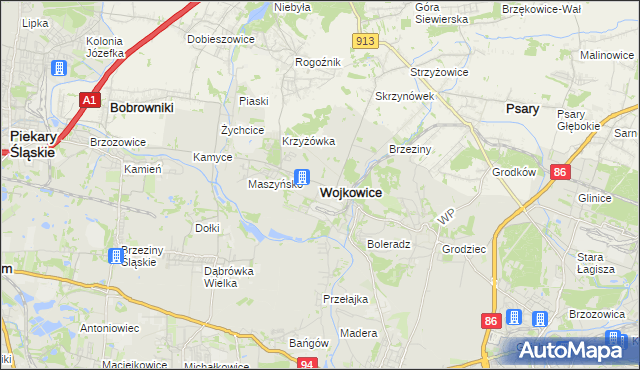 mapa Wojkowice powiat będziński, Wojkowice powiat będziński na mapie Targeo