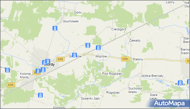 mapa Wojnów gmina Mordy, Wojnów gmina Mordy na mapie Targeo