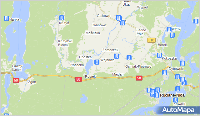 mapa Wojnowo gmina Ruciane-Nida, Wojnowo gmina Ruciane-Nida na mapie Targeo