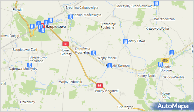 mapa Wojny-Piecki, Wojny-Piecki na mapie Targeo
