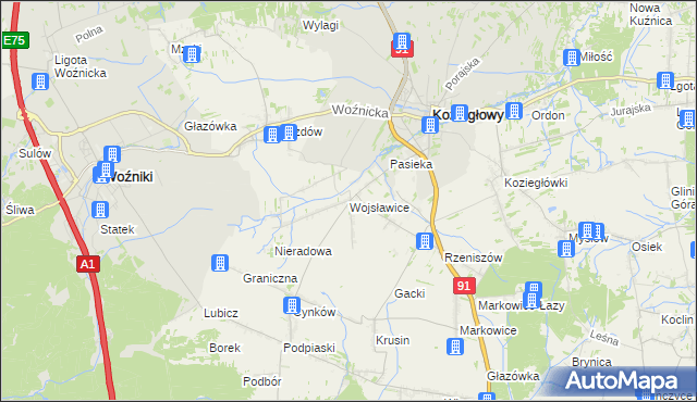 mapa Wojsławice gmina Koziegłowy, Wojsławice gmina Koziegłowy na mapie Targeo