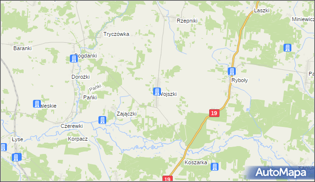 mapa Wojszki gmina Juchnowiec Kościelny, Wojszki gmina Juchnowiec Kościelny na mapie Targeo