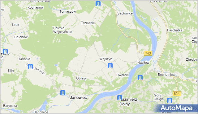 mapa Wojszyn gmina Janowiec, Wojszyn gmina Janowiec na mapie Targeo