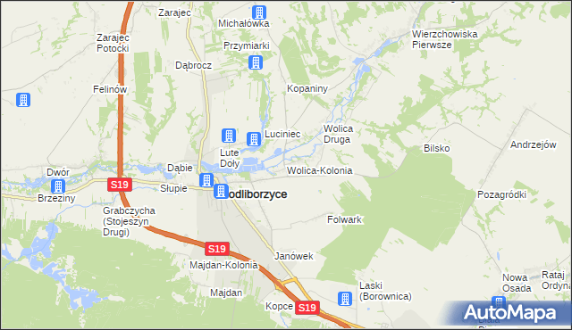 mapa Wolica-Kolonia gmina Modliborzyce, Wolica-Kolonia gmina Modliborzyce na mapie Targeo