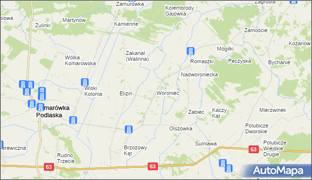 mapa Woroniec gmina Komarówka Podlaska, Woroniec gmina Komarówka Podlaska na mapie Targeo