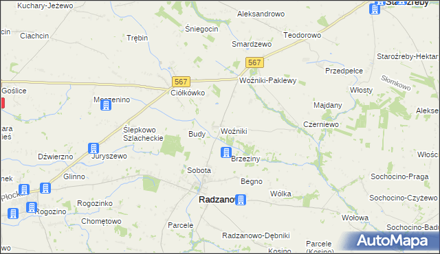 mapa Woźniki gmina Radzanowo, Woźniki gmina Radzanowo na mapie Targeo