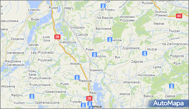 mapa Woźniki gmina Tomice, Woźniki gmina Tomice na mapie Targeo