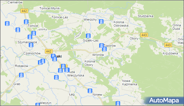 mapa Wronów gmina Gizałki, Wronów gmina Gizałki na mapie Targeo