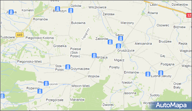 mapa Wrząca gmina Błaszki, Wrząca gmina Błaszki na mapie Targeo