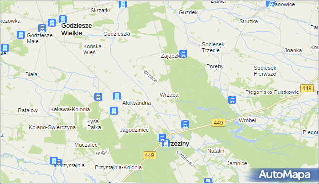 mapa Wrząca gmina Brzeziny, Wrząca gmina Brzeziny na mapie Targeo