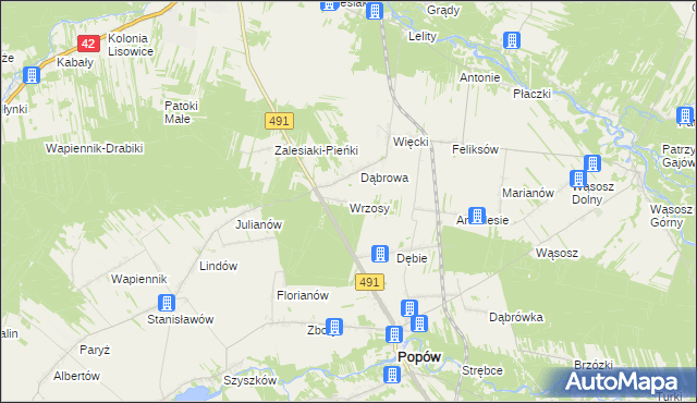 mapa Wrzosy gmina Popów, Wrzosy gmina Popów na mapie Targeo