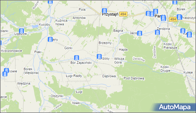 mapa Wrzosy gmina Przystajń, Wrzosy gmina Przystajń na mapie Targeo