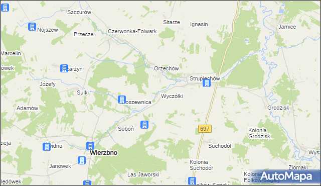 mapa Wyczółki gmina Wierzbno, Wyczółki gmina Wierzbno na mapie Targeo