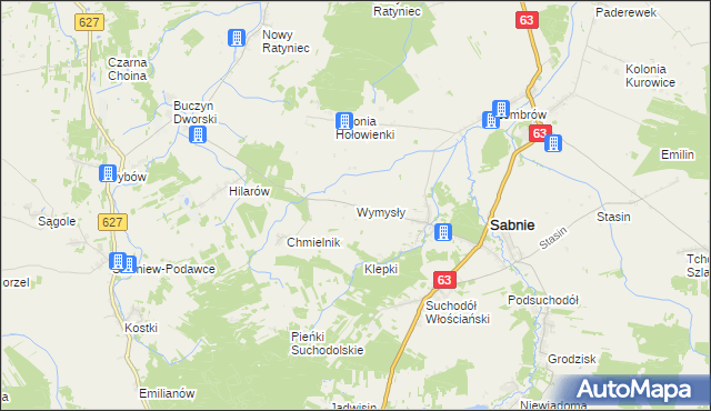 mapa Wymysły gmina Sabnie, Wymysły gmina Sabnie na mapie Targeo