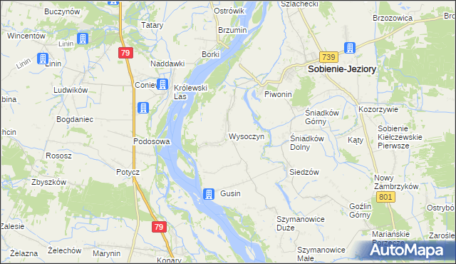 mapa Wysoczyn gmina Sobienie-Jeziory, Wysoczyn gmina Sobienie-Jeziory na mapie Targeo