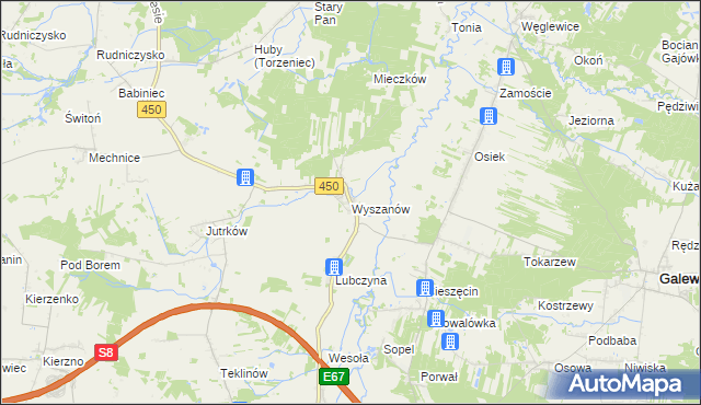 mapa Wyszanów gmina Wieruszów, Wyszanów gmina Wieruszów na mapie Targeo