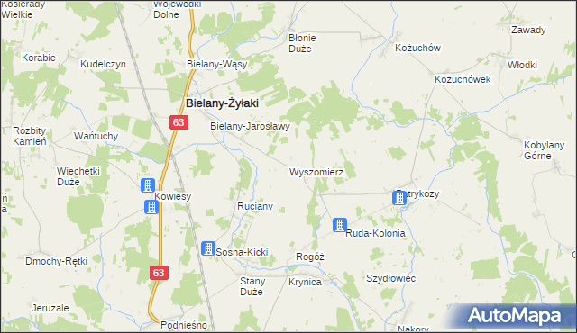 mapa Wyszomierz gmina Bielany, Wyszomierz gmina Bielany na mapie Targeo