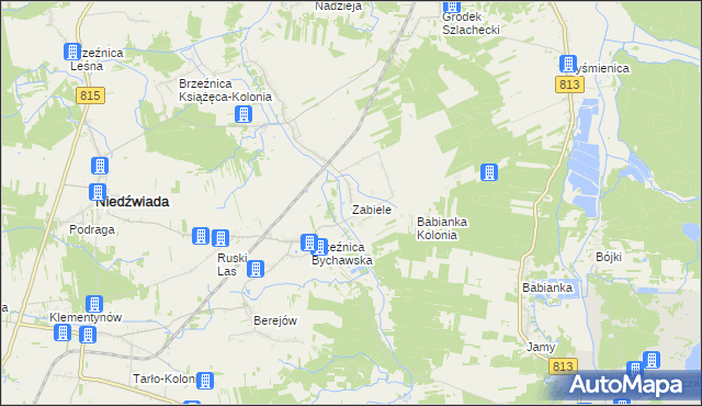 mapa Zabiele gmina Niedźwiada, Zabiele gmina Niedźwiada na mapie Targeo