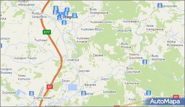 mapa Zabiele gmina Strzegowo, Zabiele gmina Strzegowo na mapie Targeo